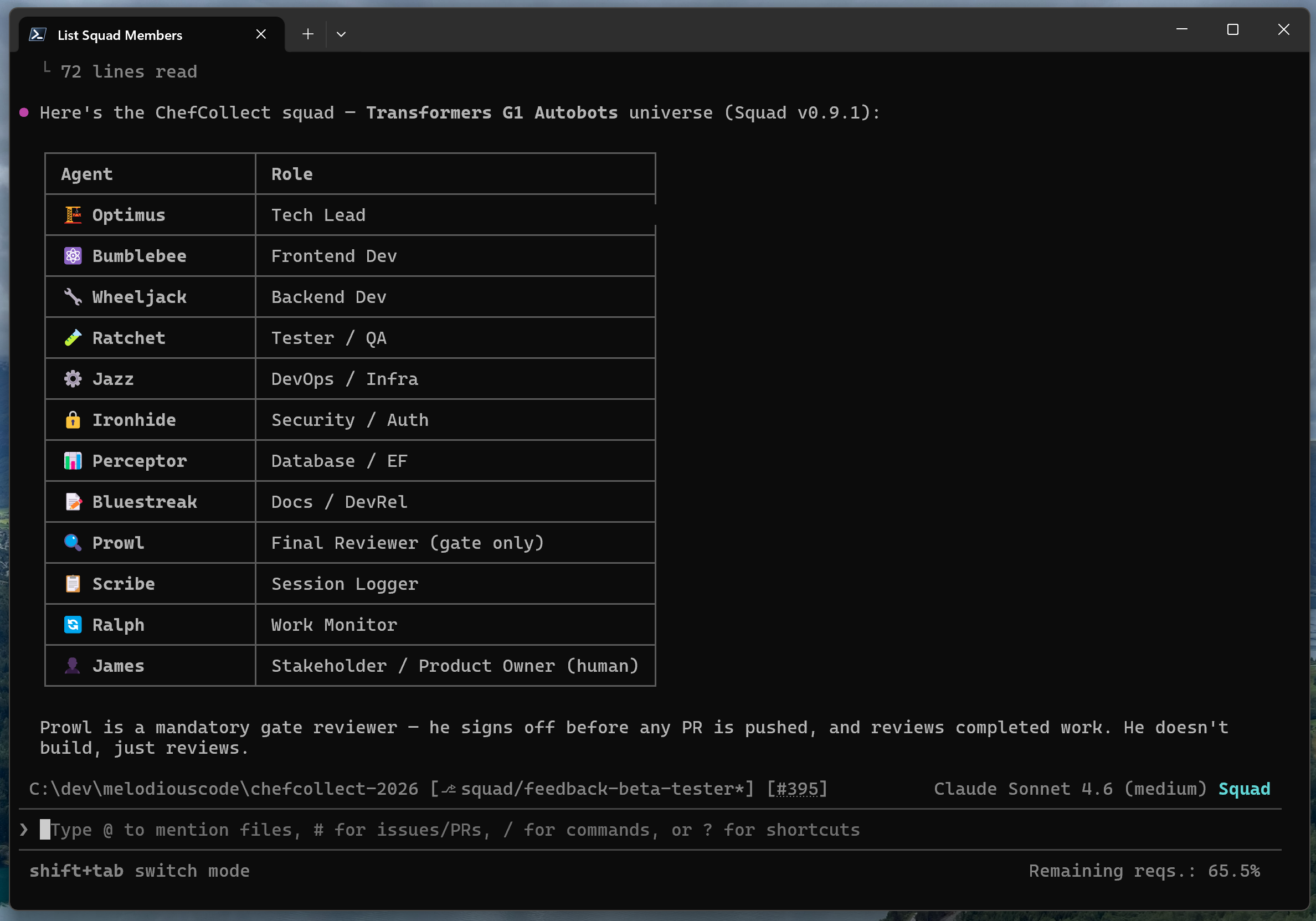 And yes, they are named after the transformers. A screenshot showing the GitHub CLI screen with my agentic squads rosta. The agents are named after the transformers!