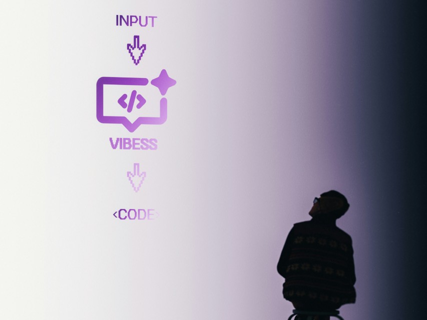 Engineers have been writing code with own their Vibes for decades already. A photograph showing a persons silloet looking up at a bright wall with the text ‘Input > Vibees > Code